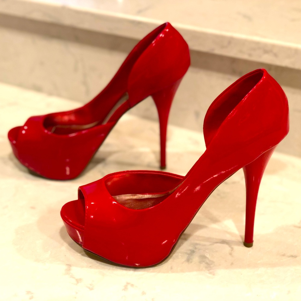 Red platform open toed heels
